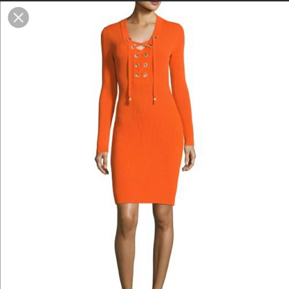 Orange Michael Kors Ribbed Lace-Up Dress